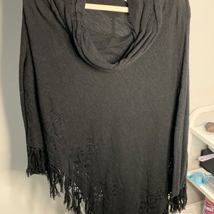 Asymmetrical Cowl Neck Fringed Poncho